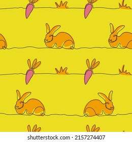 Seamless pattern of continuous one line drawing Easter Bunny. Symbol rabbit for  design greeting card for 2023 year of rabbit