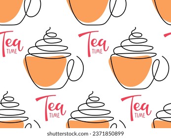 Seamless pattern with Continuous one line drawing with hot tea cup. Abstract hand drawn cup of hot drink one line. Fashionable Repeated vector For wallpaper, wrapping paper, textile, scrapbooking