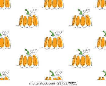 Seamless pattern with Continuous one line drawing Pumpkin. Autumn Pumpkin sign in silhouette line For wrapping paper, street festival, menu, wallpaper, packaging, textile Halloween, Thanksgiving Day.