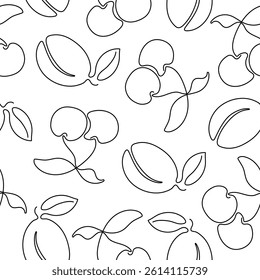 Seamless pattern with continuous one line drawing cherry and pear. Hand drawn white and black berries for fabric,  packaging paper and more. Minimalistic design vector illustration EPS10.
