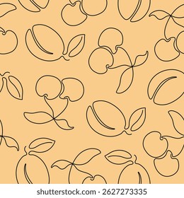 Padrão sem emenda com uma linha contínua desenhando cereja e ameixa. Bagas desenhadas à mão para tecido, papel de embalagem e muito mais. Ilustração de vetor de design minimalista EPS10.