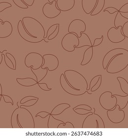 Seamless pattern with continuous one line drawing cherry and plum. Hand drawn berries for fabric,  packaging paper and more. Minimalistic design vector illustration EPS10.