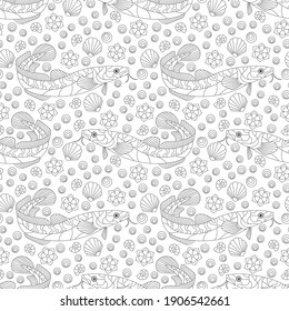 Seamless pattern with contour abstract fish and shells, dark outlines on a white background