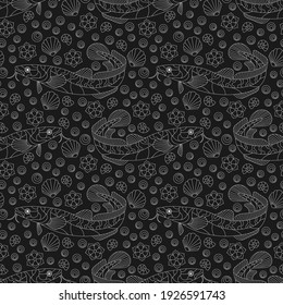 Seamless pattern with contour abstract fish and shells, light outlines on a dark background
