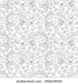 Seamless pattern with contour abstract fishes and shells, dark outlines on a white background