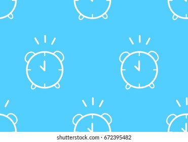 Seamless pattern with contour alarm clock on blue background. Thin line flat design. Vector.