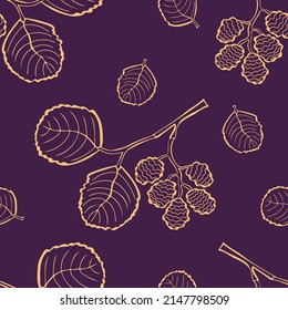 Patrón sin soldadura con hojas de ángulo de contorno y ramitas sobre fondo oscuro. Hojas de otoño. Adecuado para textiles, tela, papel pintado, envoltura. Ilustración vectorial de moda