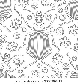 Seamless pattern with contour beetles, deer and flowers, dark contour insects on a white background