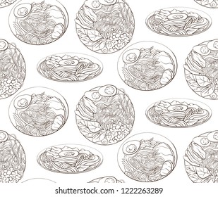 Seamless pattern with contour black and white cartoon illustration of  ramen in different angles. Noodles. Vector texture for wallpaper, wraps, fabric and your crativity