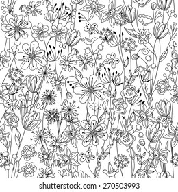 Patrón sin foco con contorno de flores en blanco y negro