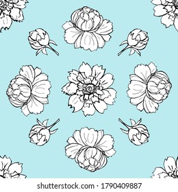 Seamless pattern contour black-and-white liner drawing of peony flowers with buds on a blue background. Vector illustration for textile, announcements, postcards, posters, banners, fabric, paper.