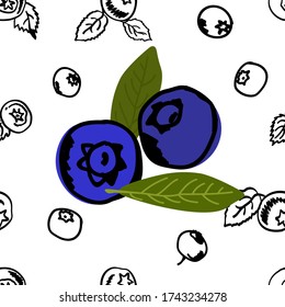 Seamless pattern, contour of blueberries of black color on a white background. In the center is a blue berry with a green leaf and a black outline.
