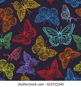 Seamless pattern with  contour of butterflies on dark background. Hand drawn vector illustration. Perfect for greetings, invitations, manufacture wrapping paper, textile, wedding and web design.