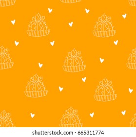 Seamless pattern with contour cactus and hearts on orange background. Vector.