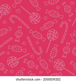 Seamless pattern with contour candies on pink background. Lollipop, candy cane. Line art. Doodle style. Vector illustration
