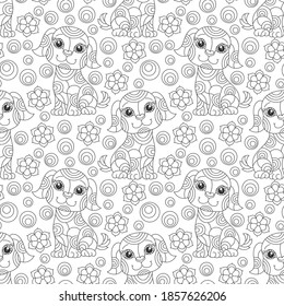Seamless pattern with contour cartoon dogs and flowers in stained glass style on a white background