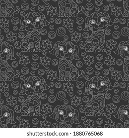 Seamless pattern with contour cartoon dogs and flowers in stained glass style, light outlines  on a dark background