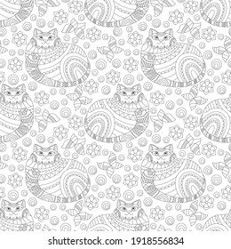 Seamless pattern with contour cats and flowers in stained glass style, outline cats on a white background