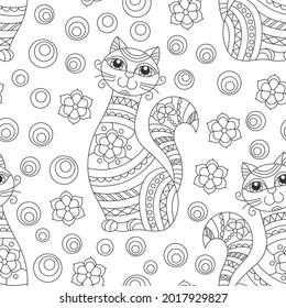Seamless pattern with contour cats and flowers in stained glass style on a white background
