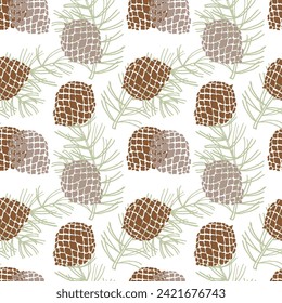 Seamless pattern, contour cedar cones and coniferous branches on a white background. Background, textile, vector