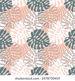 Seamless pattern, contour and colored monstera leaves. Background, tropical print, textile, vector