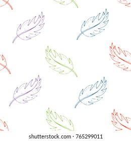 Seamless pattern contour of colors feathers on a white background. Hand drawing. Vector illustration of the boho style.