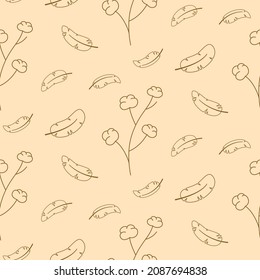 Seamless pattern of contour cotton twigs and feathers.