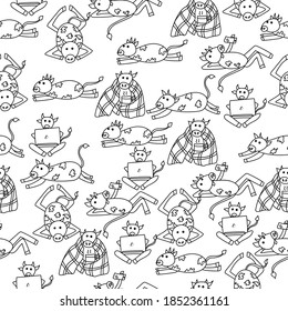 patrón sin fisuras con toros lindos contorno en varias poses, animales de doodle en el trabajo y ilustración vectorial del contorno de descanso para el diseño