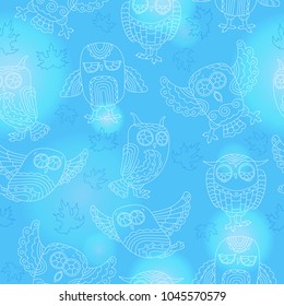 Seamless pattern with contour cute owls and autumn leaves,a light outline on a blue  background