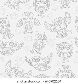 Seamless pattern with contour cute owls and autumn leaves,a dark outline on a light background