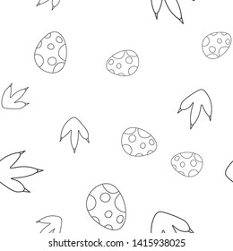 Seamless pattern of contour of dinosaurus egg and dinosaur footprint. Isolated on white background. Vector illustration.