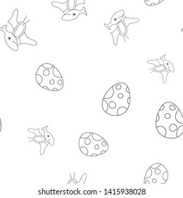 Seamless pattern of contour of dinosaurus pterodactyl and spotted egg. Isolated on white background. Vector illustration.
