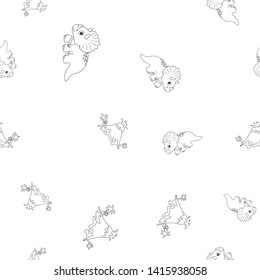 Seamless pattern of contour of dinosaurus triceratops and vulcano eruption. Isolated on white background. Vector illustration.