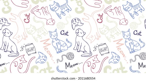 seamless pattern with the contour of domestic kittens and cat faces, cat food, tangles for games. For packaging paper, veterinary salons