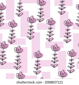 Patrón sin fisuras de las flores de doodle de contorno con silueta rosa y rectángulos sobre una ilustración vectorial de fondo blanco