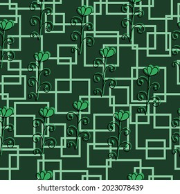 Seamless pattern of contour doodle flowers with green silhouette and squares on a dark green background vector illustration