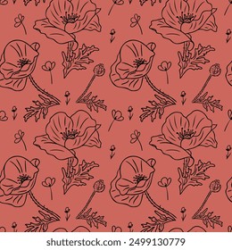 Nahtloses Muster mit Kontur-Doodle-Mohn. Sommer, handgezeichnete Illustration auf rotem Hintergrund. Optimal für Verpackung, Textil, Papier, Tapete, Hintergrund