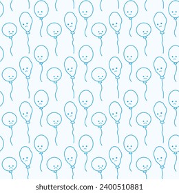 Seamless pattern with contour drawing of Blue Monday balloons with sad smiley faces in trendy blue