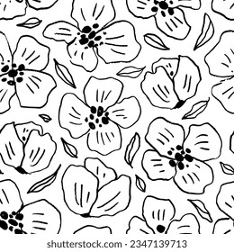 Seamless pattern with contour drawing peony flowers. Abstract nature black and white background. Spring flowers, peonies, daisies or doodle sakura. Hand drawn seamless pattern in linear style.