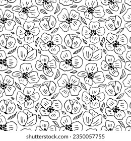 Seamless pattern with contour drawing peony flowers. Abstract nature black and white background. Spring flowers, peonies, daisies or doodle sakura. Hand drawn seamless pattern in linear style.