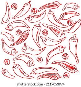 Seamless pattern of contour drawing of pepper. Vector doodle drawing of chilli pepper. Spicy vegetable for printing on textiles