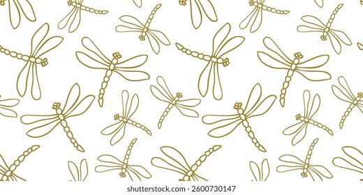 Seamless pattern of contour drawings flying dragonflies, vector background, paper,fabric,wrapper,textile 