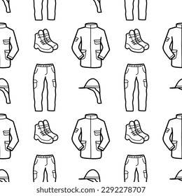 Seamless pattern contour drawings of hiking, camping