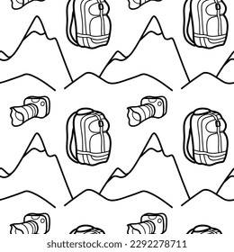 Dibujos de contorno de patrón sin foco de senderismo, acampada