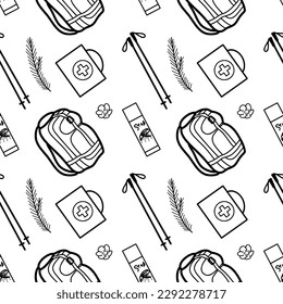 Seamless pattern contour drawings of hiking, camping