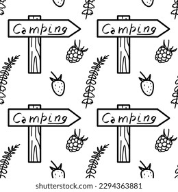 Dibujos de contorno de patrón sin foco de senderismo, vector de acampada