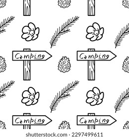 Seamless pattern contour drawings of hiking, camping vector