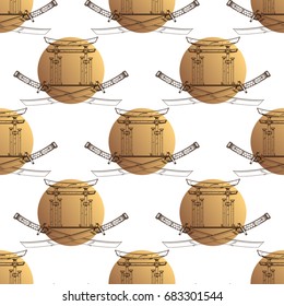 Seamless pattern from contour drawings of katana and ritual gate of the Tories.