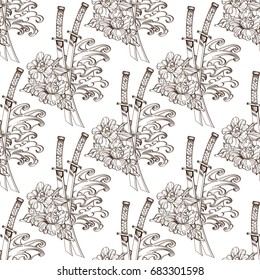 Seamless pattern from contour drawings of katans and peonies.