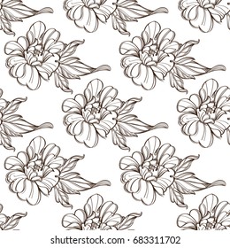 A seamless pattern from the contour drawings of large bloomed peonies. Background with flowers.